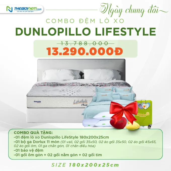 Combo 6: Đệm lò xo Dunlopillo Lifestyle + chăn ga Dorlux Hàn Việt Hải + bảo vệ đệm + gối 